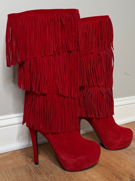 Mojo Moxy Shoes - MOJO MOXY Women's Red Fringe Leather Platform Boots Stiletto Heel 8.5